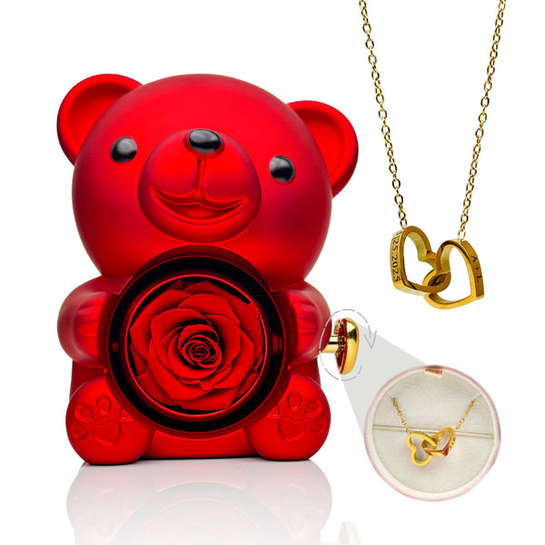 Eternal Rose Bear - W/ Engraved Necklace & Real Rose