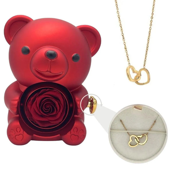 Eternal Rose Bear - W/ Engraved Necklace & Real Rose